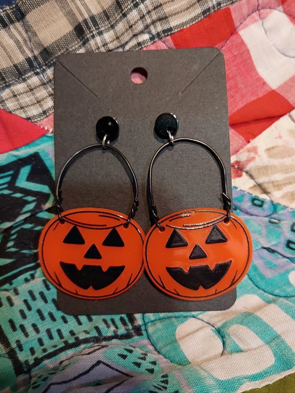 Halloween Pumpkin Jack-O'-Lantern Pail Earrings Bendable Handles Double Sided
